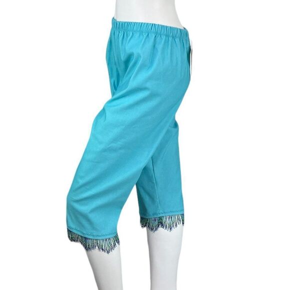 NEW Pat Dahnke Turquoise Blue Capris with Fringed Hem Beading, Size Small - Picture 3 of 10